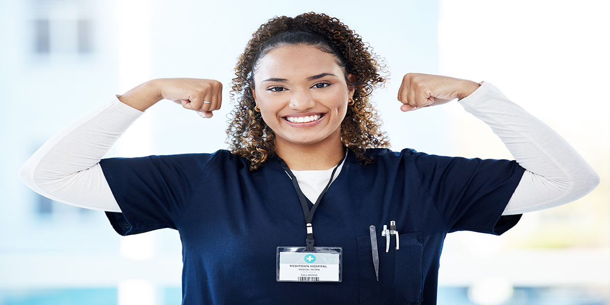 Doctor,,Portrait,Or,Flexing,Muscle,In,Hospital,Success,,Medical,Trust