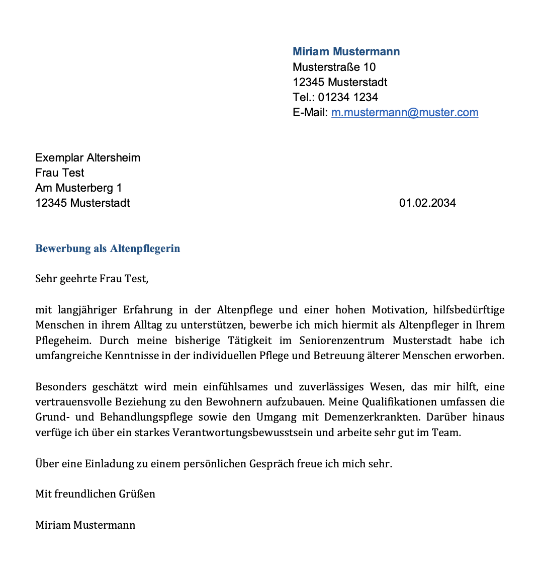 Screenshot Altenpfleger formlose Bewerbung