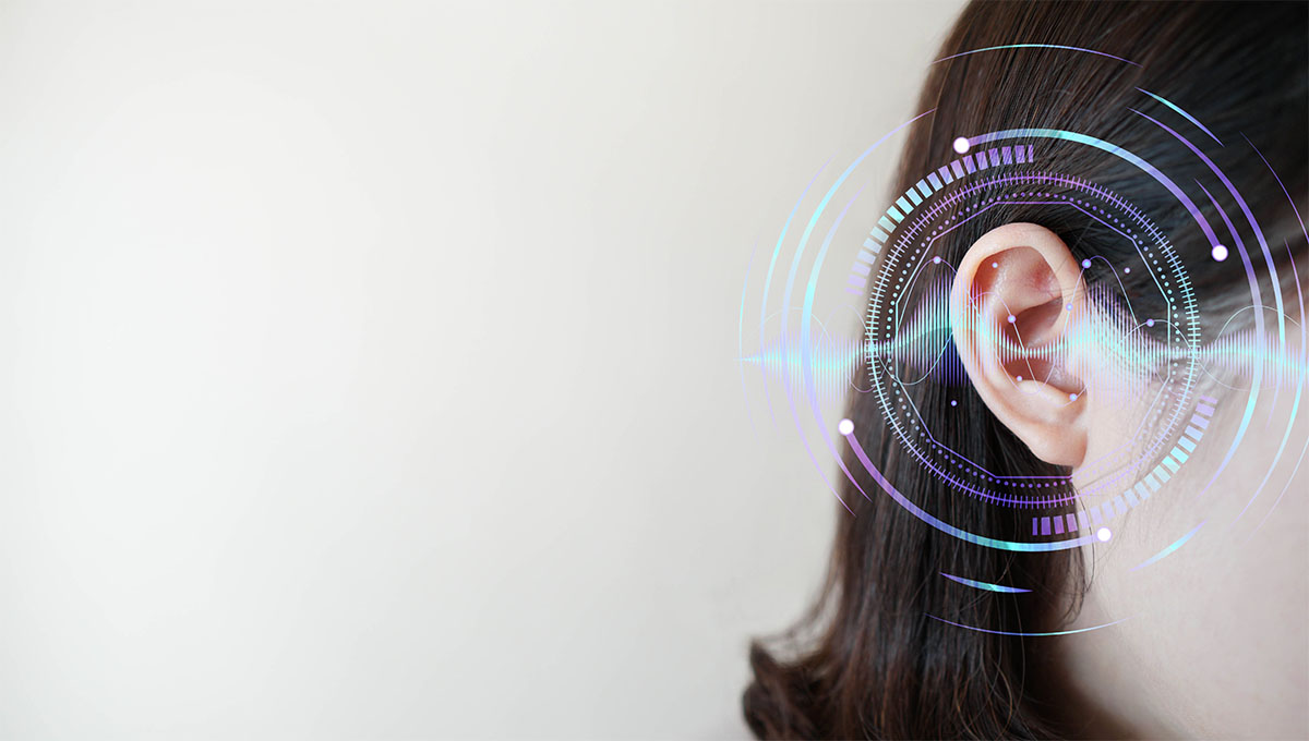 Ear,Of,Young,Woman,With,Sound,Waves,Simulation,Technology.,Concept